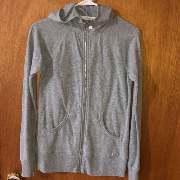 •VICTORIA’S SECRET•GRAY SUPER MODEL ESSENTIAL SEQUIN HEART Y2K HOODIE JACKET XS - Picture 2 of 6